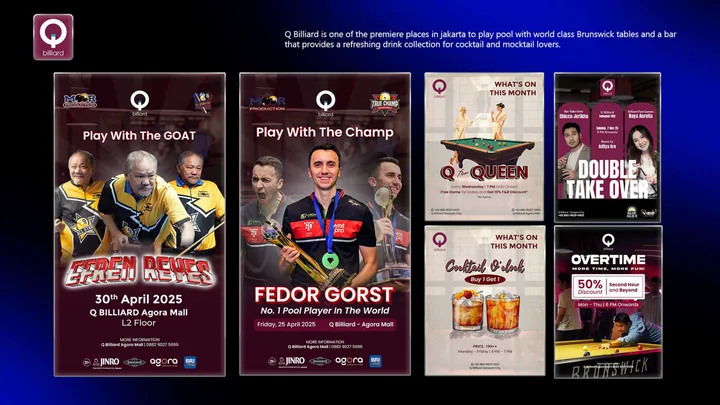 Q Billiard event poster grid.