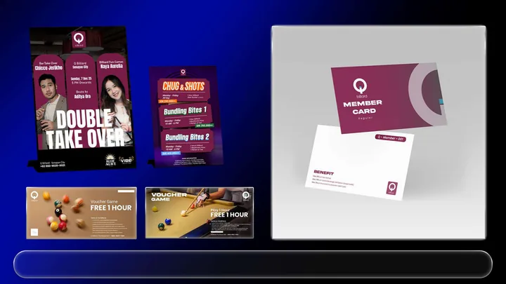 Q Billiard promotional designs and member card mockup.