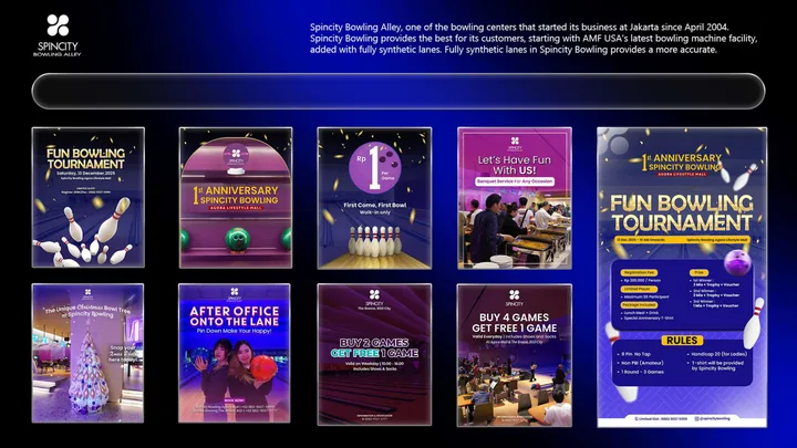 Spincity Bowling campaign poster grid.